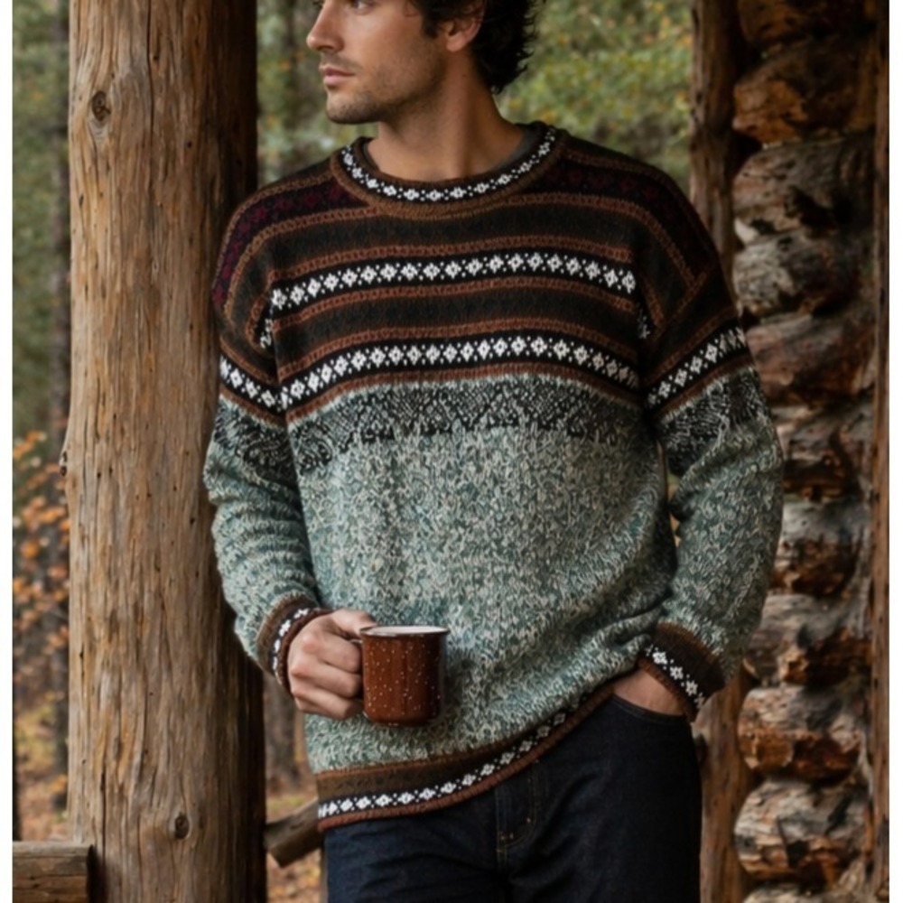 Alpaca Fina Mens Peru Fair Isle Wool Knit Sweater XL Gray Grandpacore Cozy Cabin